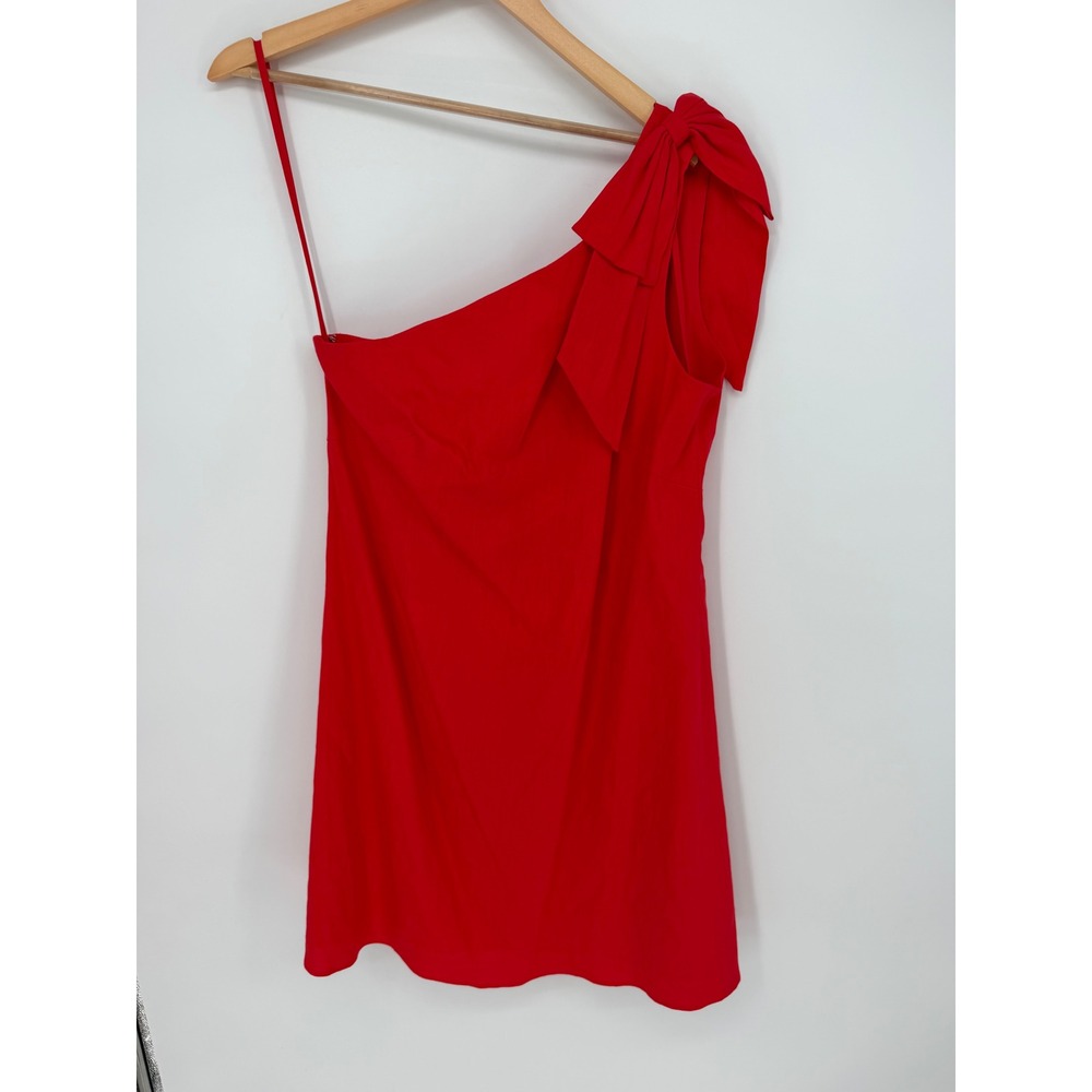 Antonio Melani Dress 8 Red One Shoulder Bow Linen Charlie Cocktail Party Chic